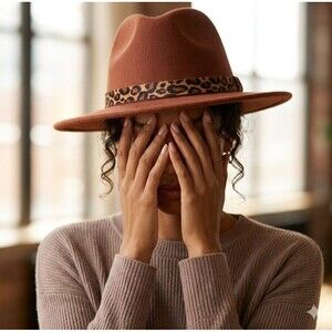 100% wool Wide Brim Wool Fedora Leopard Print Band Adjustable Brown Boho Panama